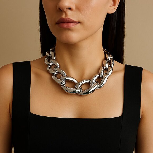 Chunky Link Statement Necklace Silver Tone 15 Inch 2 Inch Adjustable - Picture 1 of 10